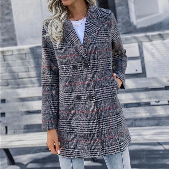 plaid print double breasted blazer jacket coat - Picture 3 of 6